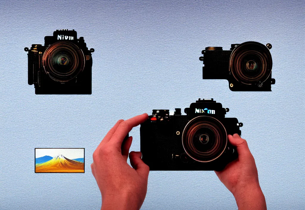 Image similar to first person view of a road coat sleeve arm hand grasping the back side rear angle viewfinder of a nikon dslr camera with mount fuji image in viewfinder, in the style of wes anderson, rene magritte, lola dupre, david hockney, isolated on white background, dark monochrome neon spraypaint accents octane render