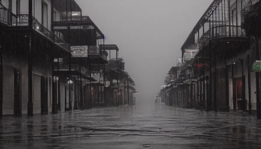 Image similar to empty bourbon street, rainy morning, wet ground, grey sky, hyperdetailed, artstation, cgsociety, 8 k