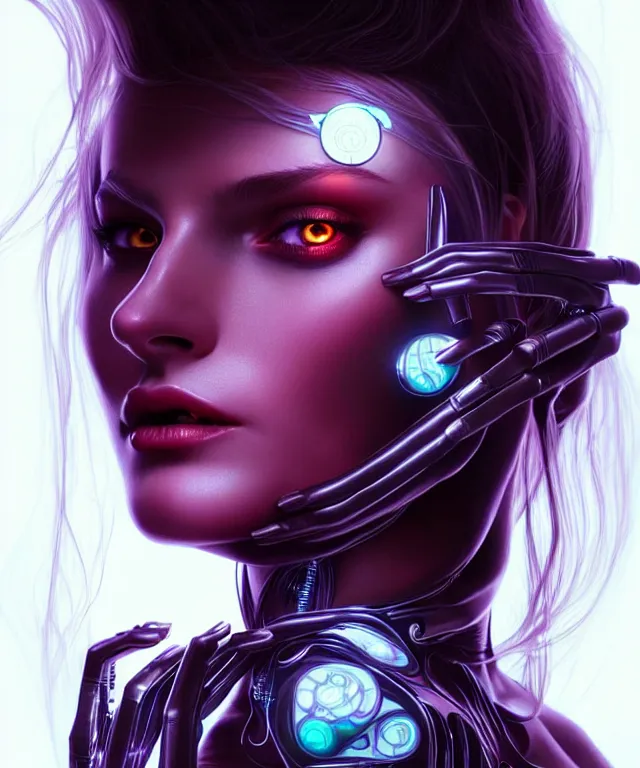 Prompt: Supermodel woman turning into an Android portrait, dark surrealism , scifi, intricate, elegant, long dark hair, highly detailed cybernetic body, neon glowing eyes, digital painting, artstation, concept art, smooth, sharp focus, illustration, art by artgerm and moebius and alphonse mucha