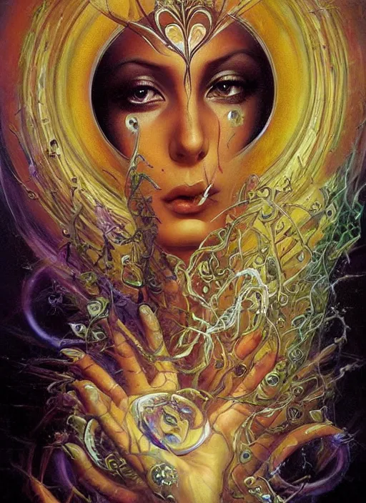 Prompt: magic enlightened cult psychic lovable woman, painted face, third eye, energetic consciousness psychedelic, epic surrealism expressionism symbolism, by karol bak, masterpiece