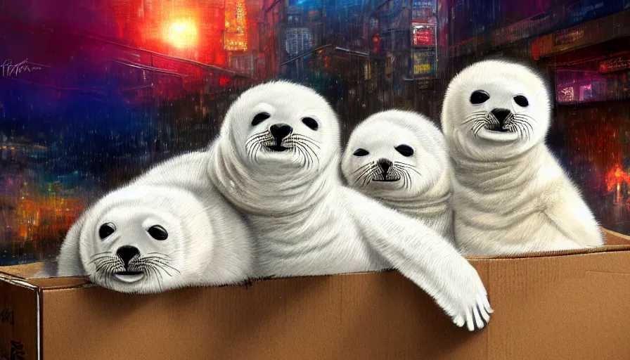 Prompt: highly detailed painting of cute furry white baby seals cuddled up in a cardboard box in a dystopian cyberpunk street by william turner, thick brush strokes and visible paint layers, 4 k resolution, retrowave colour scheme