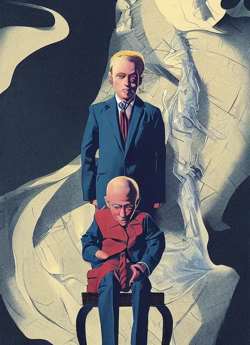 Prompt: poster artwork by Michael Whelan and Tomer Hanuka, Karol Bak of a young boy in a full sized suit, he has the evil spirit of BOB inside him, sitting in the board room, interior from scene from Twin Peaks, clean