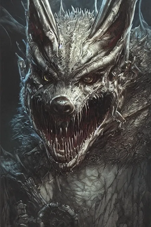 Image similar to portrait of a wolf ork bat hybrid by hr giger, greg rutkowski, luis royo and wayne barlowe as a diablo, resident evil, dark souls, bloodborne monster