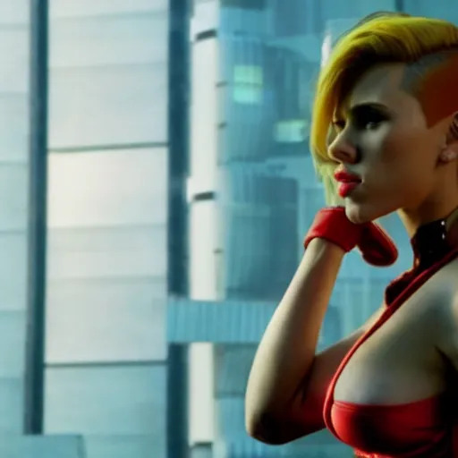 Image similar to Scarlett Johansson is Faye Valentine, cinematic shot, cyberpunk