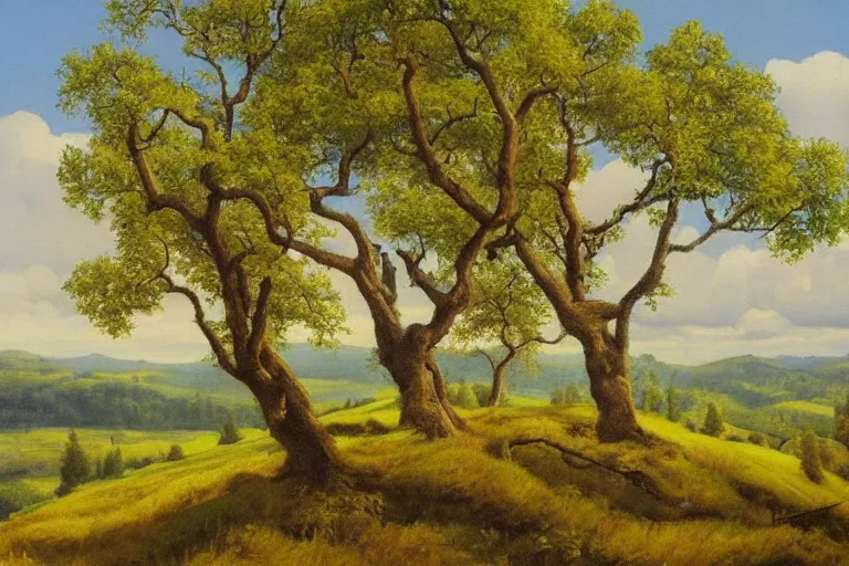 Prompt: masterpiece painting of oak trees on a hillside overlooking a creek, by gunnar widforss