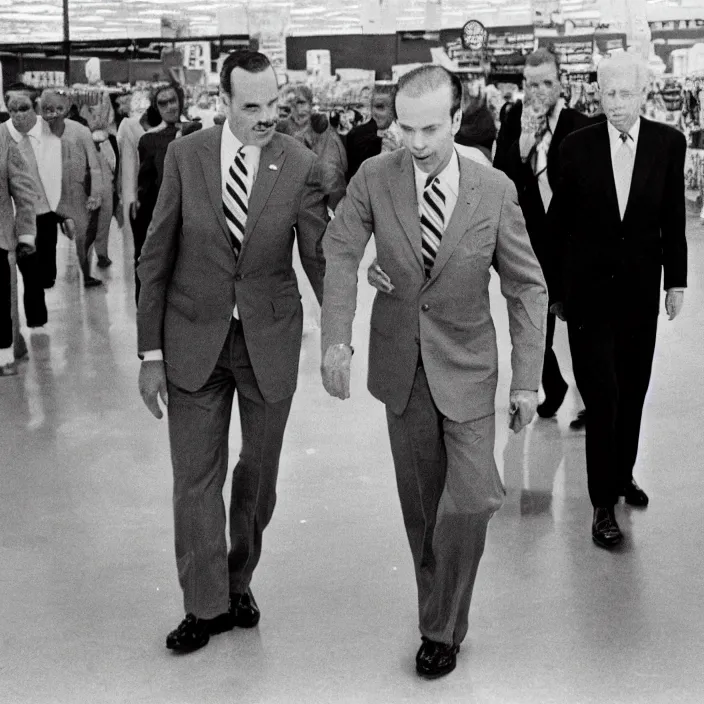 Prompt: Joe Biden walking with Lee Harvey Oswald in Walmart, detailed photograph