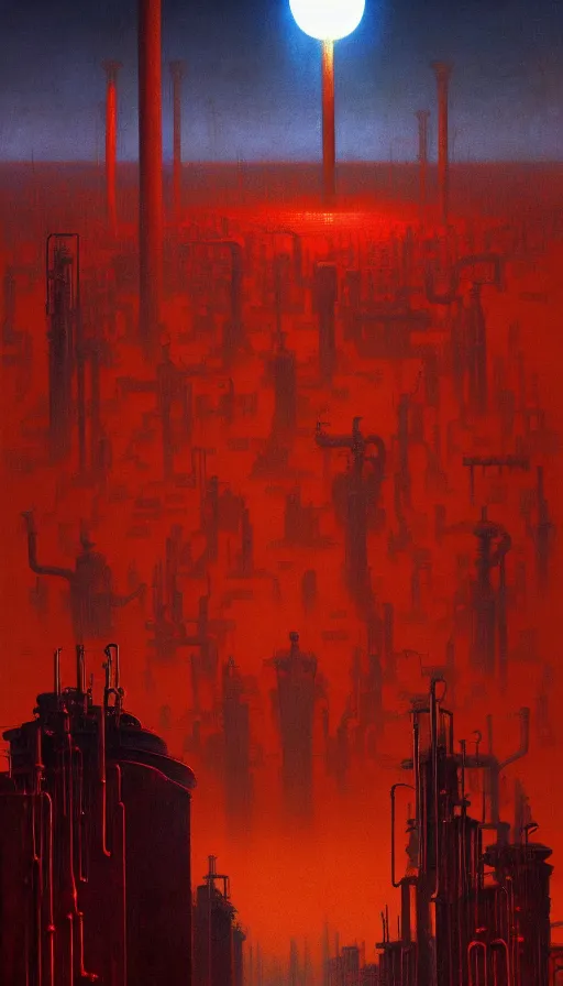 Prompt: a giant weird industrial zone with strange lights in the background, in the style of beksinski, by edward hopper and rodcenko and yue minjun and cory loftis, intricate and epic composition, red by caravaggio, highly detailed, masterpiece, artstation, art nouveau