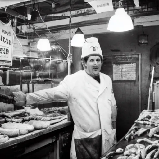 Image similar to big butcher man posing scarily, earie setting, in a butcher shop, horror, hyperdetailed