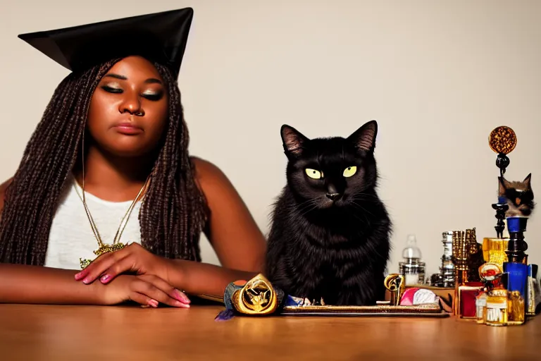 Image similar to 2 0 2 2 photo, close up portrait, dramatic lighting, concentration, calm confident african american teen witch and her cat, tarot cards displayed on the table in front of her, sage smoke, magic wand, a witch hat and cape, apothecary shelves in the background, alphonse mucha