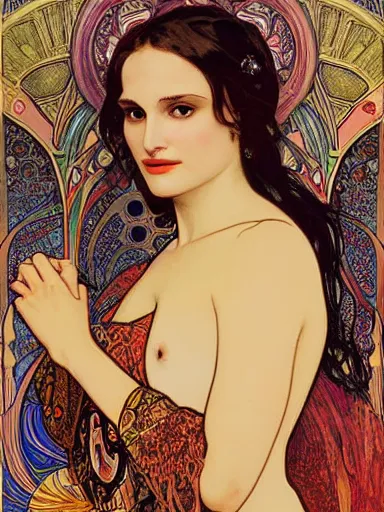 Image similar to a beautiful painting of natalie portman by Alphonse Mucha and by yoshitaka Amano and by Mark Brooks and by gustav klimt and by john william waterhouse, Art Nouveau, Neo-Gothic, gothic, award winning painting, hyperdetailed, detailed