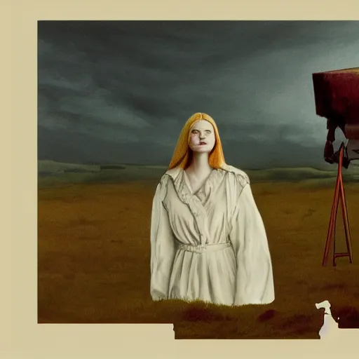 Image similar to Elle Fanning in the painted world of Ghostface, head and shoulders masterpiece, apocalypse, golden hour, cosmic horror, artstation, in the style of Andrew Wyeth and Edward Hopper and Bosch, extremely detailed