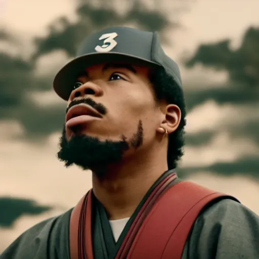 Image similar to cinematic film still of Chance The Rapper starring as a Samurai holding fire, Japanese CGI, VFX, 2022, 40mm lens, shallow depth of field, film photography