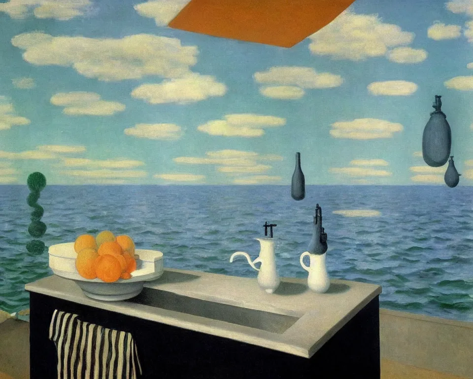 Prompt: achingly beautiful painting of a sophisticated, well - decorated kitchen sink by rene magritte, monet, and turner.