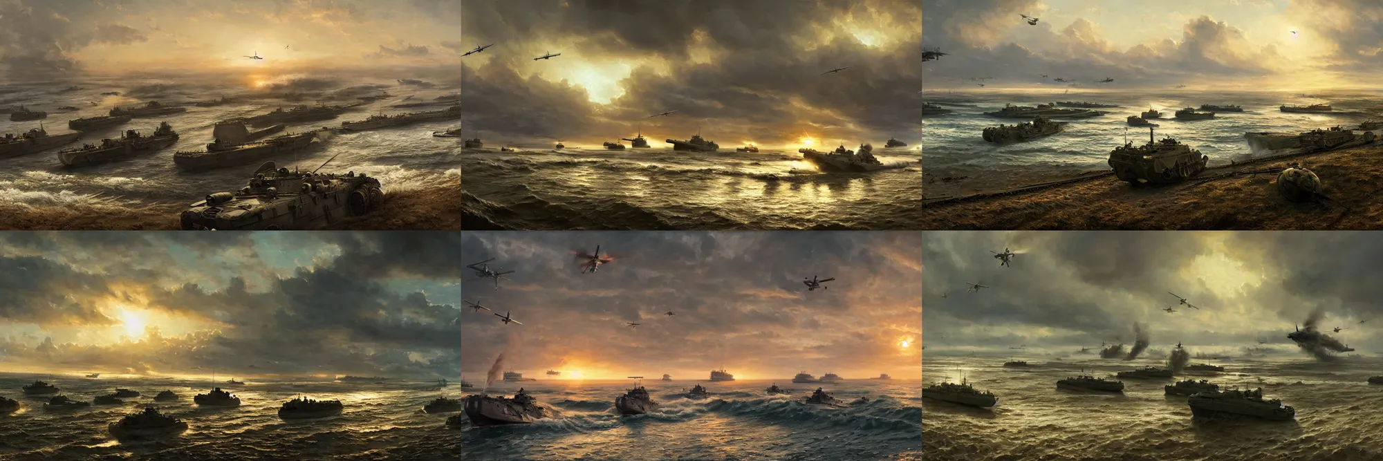 Prompt: the normandy landings, d - day, 1 9 4 5, highly detailed, wide shot, cinematic, ultra realistic, ray tracing, painting by jessica rossier and ivan shishkin