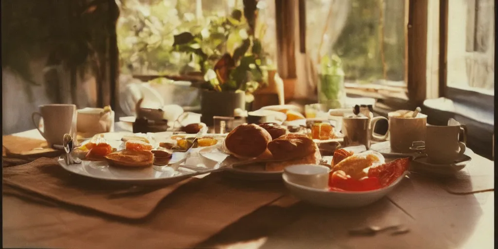 Prompt: a table with a delicious breakfast, morning light, old photo, polaroid