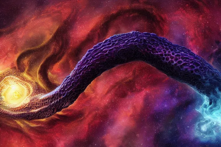 Image similar to a giant lovecraftian tentacle creature emerging from a space nebula, digital art, photorealistic, highly detailed, intricate