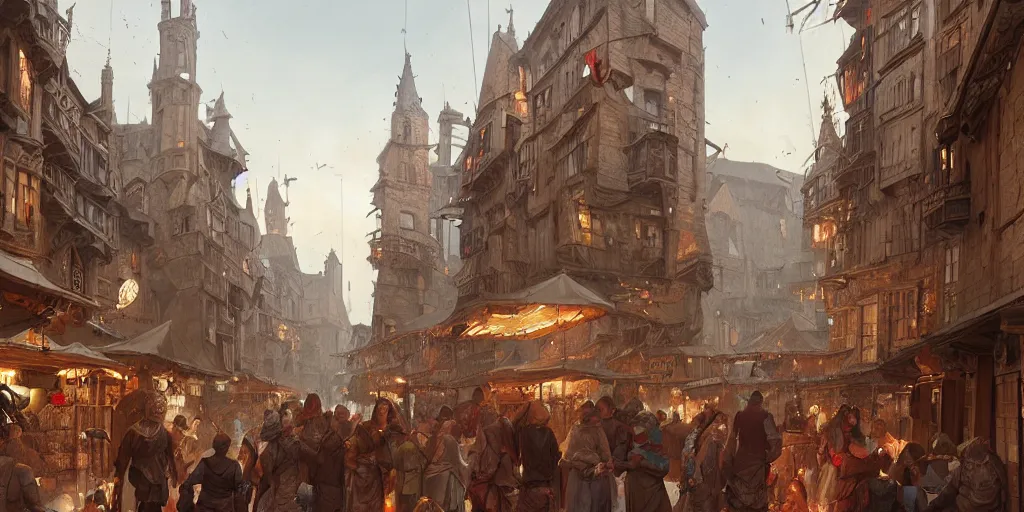 photo of a medieval busy market street. architecture. | Stable Diffusion