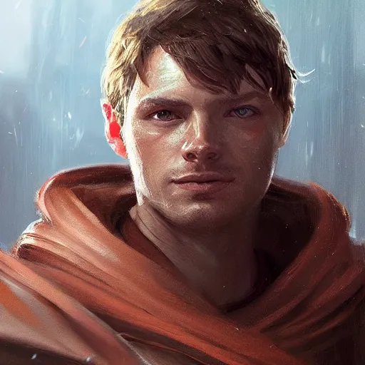 Image similar to portrait of a man by greg rutkowski, jedi knight owen skywalker, messy copper hair, jedi robes, star wars expanded universe, he is about 2 0 years old, wearing jedi robes, highly detailed portrait, digital painting, artstation, concept art, smooth, sharp foccus ilustration, artstation hq