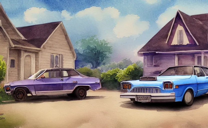 Image similar to a watercolor painting of a chevrolet opala parked near a 1 9 0 0 s house, digital painting, masterpiece, hyperrealistic, concept art, trending on deviantart, highly detailed, high quality, 4 k, symmetrical, low contrast, watercolor, warm, soft lighting, path traced, godrays, vintage, soft colors