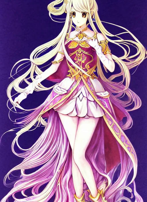 Image similar to exquisite imaginative fire emblem heroes manga card poster design of princess, fate, long wavy hair, rococo ruffles dress, fluorescent, illustration, artstation, dark fantastic, highly detailed, 8 k, maximalist, by shigenori soejima, minaba hideo, katsuhiro otomo, jump comics