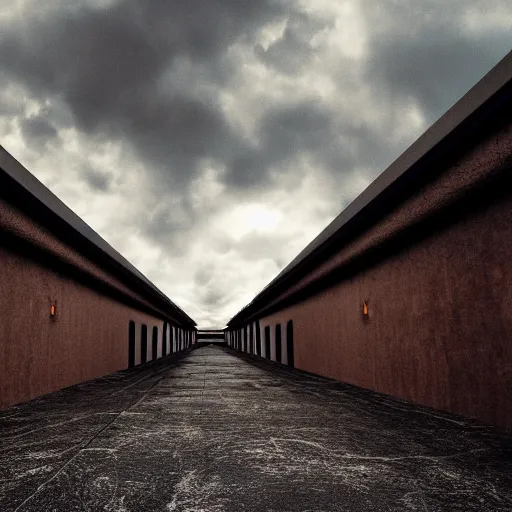 Image similar to Stormy sky with thunders, pipes and vaults system beneath, depth of field, blueshift render, photorealistic