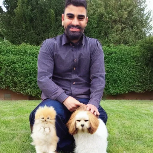 Prompt: a half persian man holding a dog