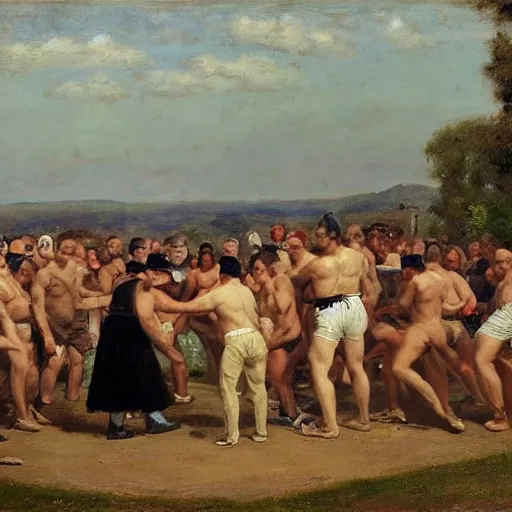 Image similar to bare knuckle boxing tournament by alfred stevens