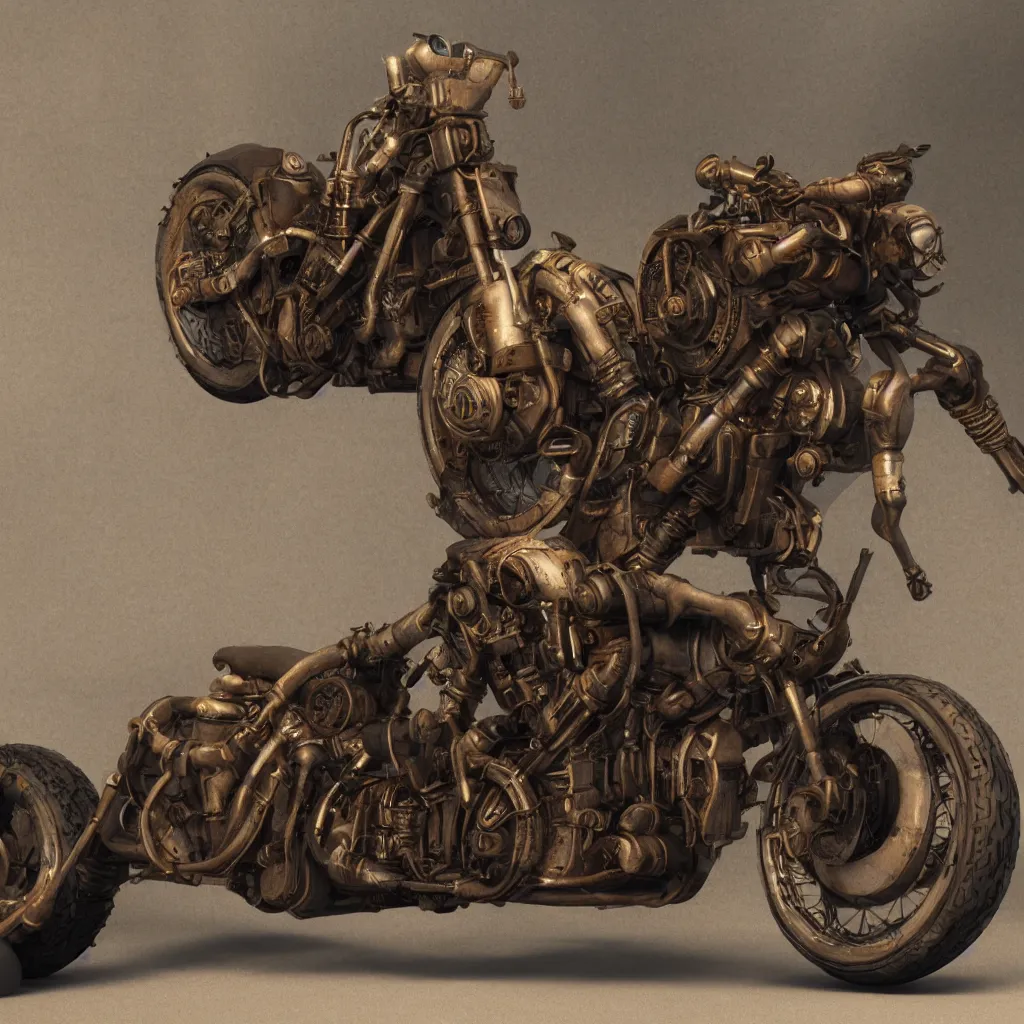 Prompt: steampunk style motorcycle, photorealistic, 3 d rendering, cute, unreal engine, bokeh