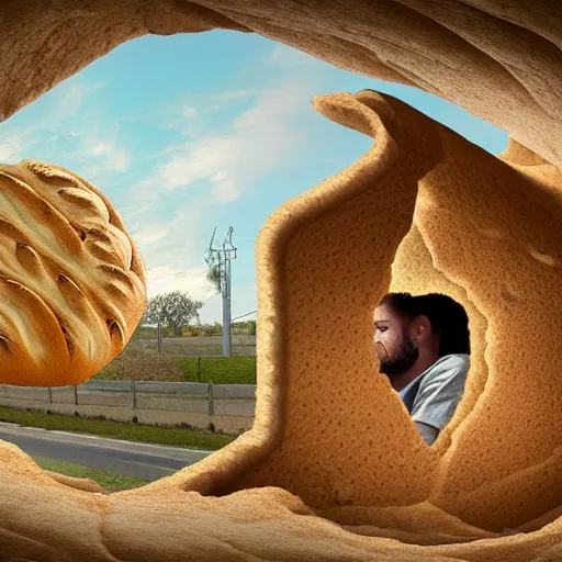 Prompt: man living inside a bread seen from outside, hyper detailed