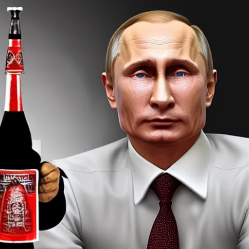 Image similar to Vladimir Putin holding a giant vodka bottle, detailed face, realistic face, photorealistic, highly detailed, cinematic