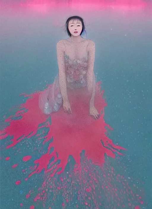 Image similar to lee jin - eun in luxurious flowery dress emerging from pink and turquoise water in salar de uyuni with the ground reflecting the aurora borealis by takato yamamoto, james jean, conrad roset, ruan jia, martine johanna, rule of thirds, elegant look, beautiful, chic, face anatomy, cute complexion