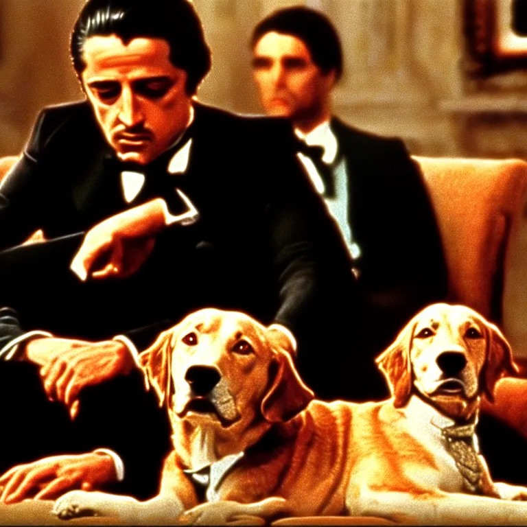 Image similar to cinescreen from the godfather, holding a dog, cinematic scene screen cap, realistic, film grain