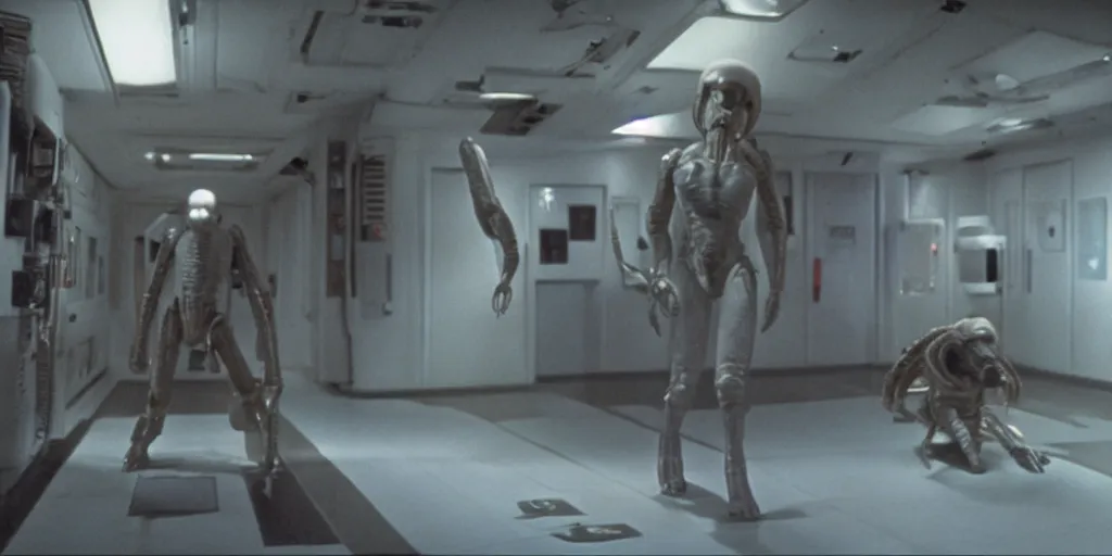 Prompt: Ridley Scott cinematic scene from Alien movie with Ripley running in a corridor alone, low light, dark, grainy, 35 mm, realistic, Panavision PSR R-200