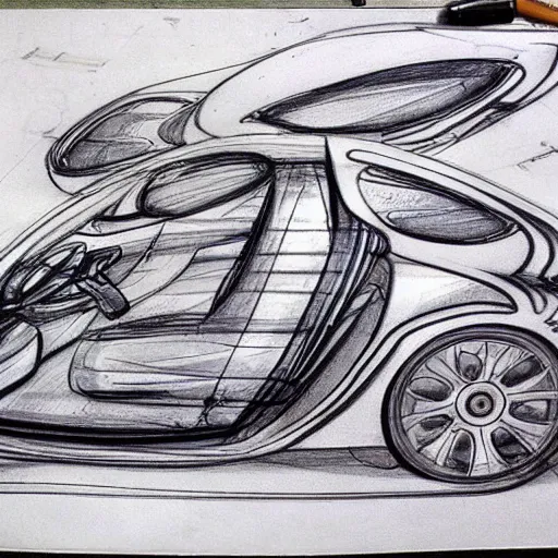 Prompt: various sketches of a futuristic car in the style of leonardo da vinci, ultra detailed, scribbles, technical drawing, engineering blueprints