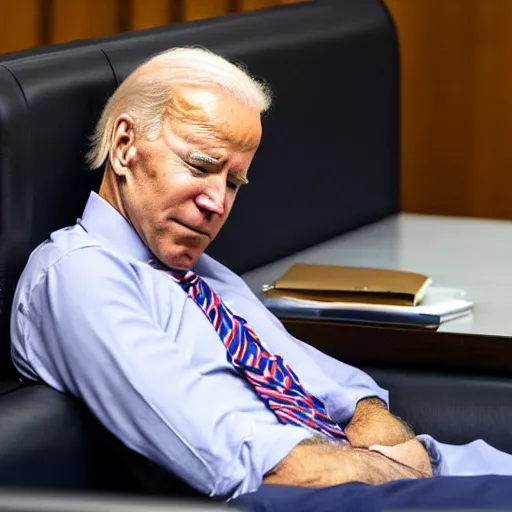 Prompt: Joe Biden sleeping on a bed in a court room