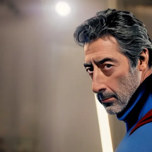 Prompt: film still of Ricardo Darin playing Superman, 4k