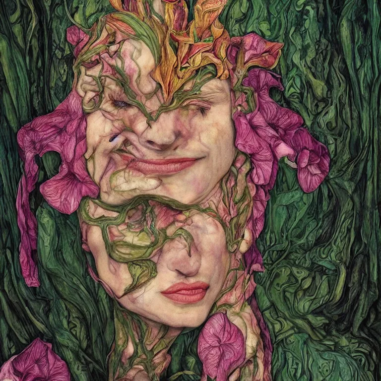 Image similar to a grinning shape shifting girl, plant patterns, her face looks like an orchid, she is the center of the garden, jan van eyck, ernst fuchs, egon schiele, trending on artstation, 8 k, award winning, facial symmetry, iris van herpen, high octane, psychedelic, werewolf, mermaid, harpy, dryad, cybernetic