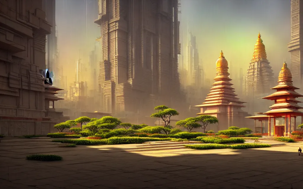 Prompt: cyberpunk indian temple, no people, city in background, drawn by feng zhu, sparse plants, dim painterly lighting volumetric aquatics, impasto