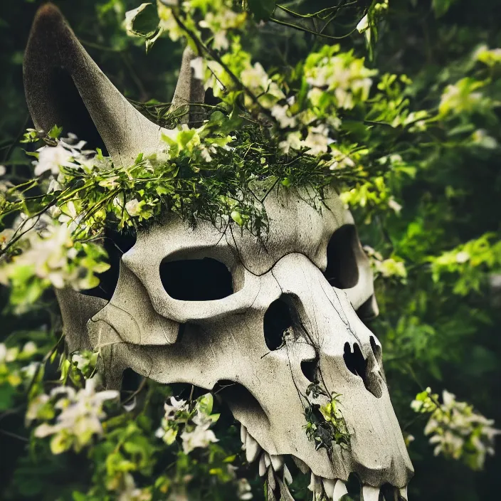 Image similar to overgrown foliage taking over a realistic wolf skull, close - up, 3 5 mm, f 1. 8, bokeh, beautiful, lens flare, emotional, sweet, flowers, detailed, picture, artstation, award - winning