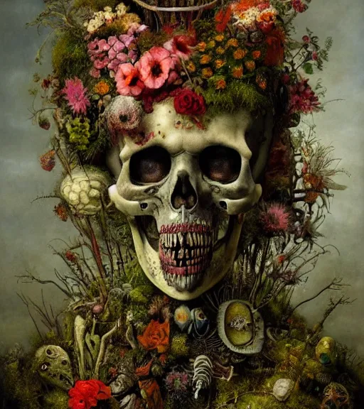 Prompt: 'Life from death' A horrifyingly detailed aesthetic horror scenery painting depicting 'A mossy skeleton with plants and flowers growing all over it, birds and insects flying all around it' by giuseppe arcimboldo and Rembrandt, Trending on cgsociety artstation, 8k, masterpiece, cinematic lighting, highly detailed, vibrant colors.