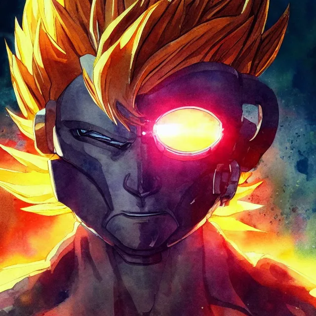 Prompt: a watercolor painting of a cyborg super saiyan with a broken halo floating over their head in the style of cyberpunk in the style of moebius trending on artstation deviantart pinterest hyper detailed photorealistic highlights and shadow hd 8 k post - processing high resolution