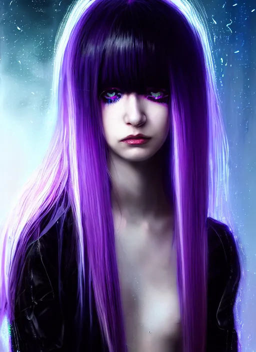 Image similar to hair whitebangs hair, black cyberlox, portrait of normal teenage girl with white bangs, messy bangs, cyberlox, whitebangs, red irises, purple clothes, intricate, elegant, glowing lights, highly detailed, digital painting, artstation, concept art, sharp focus, smooth, illustration, art by wlop, mars ravelo and greg rutkowski