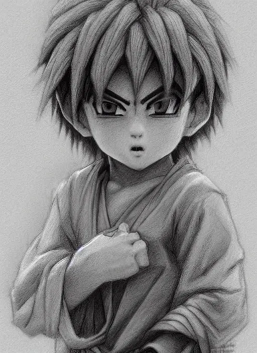 Prompt: realistic portrait pencil sketch of kid goku, old mystic ruins, afternoon, intricate, elegant, highly detailed, digital painting, sharp, focus, by artgerm and greg rutkowski