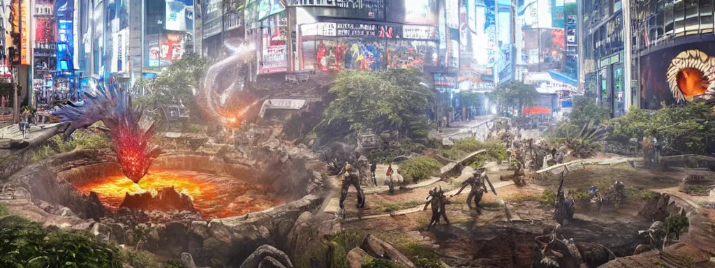 Image similar to large sinkhole in the middle of shibuya tokyo, with ancient glowing spiked wyvern flying creatures emerging from the hole, in the style of monster hunter world, like concept art on artstation, hyperdetailed, vray render, octane render,