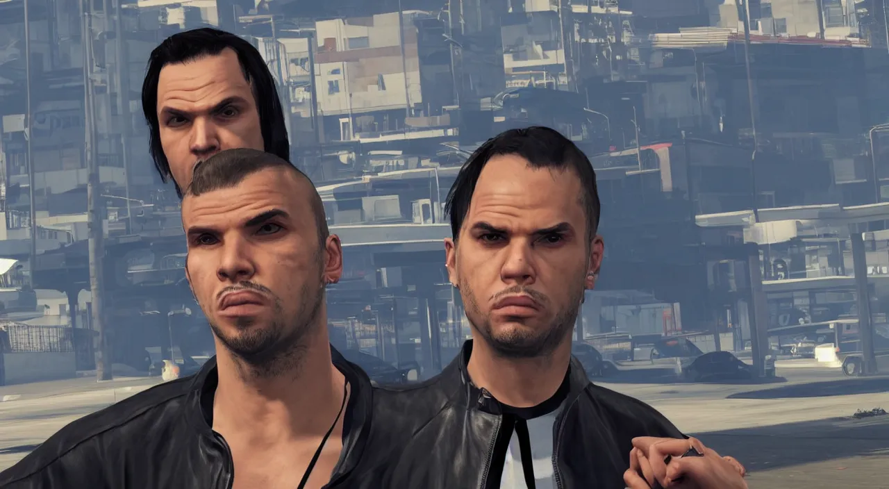 Prompt: Orelsan (2020) in a GTA V loading screen, posing alone, symmetrical face