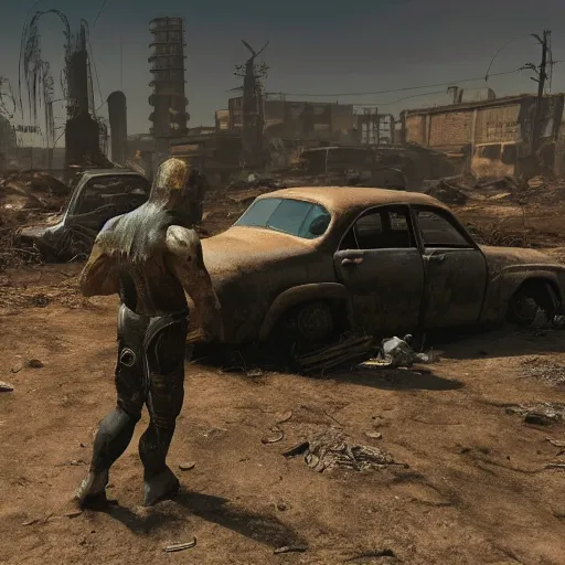 Image similar to pc game cover with a broken down car in wasteland fallout style with a mutant standing in front of in. artstation trending 4 k award winning