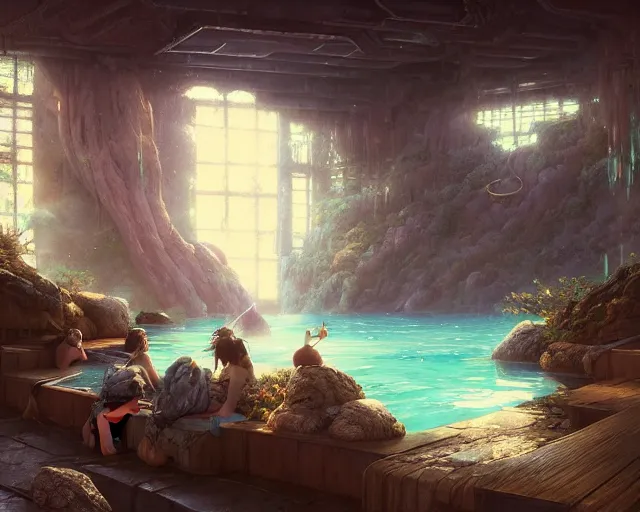 Image similar to highly detailed picture of an onsen, stephen bliss, unreal engine, fantasy art by greg rutkowski, loish, rhads, ferdinand knab, makoto shinkai and lois van baarle, ilya kuvshinov, rossdraws, tom bagshaw, global illumination, radiant light, detailed and intricate environment