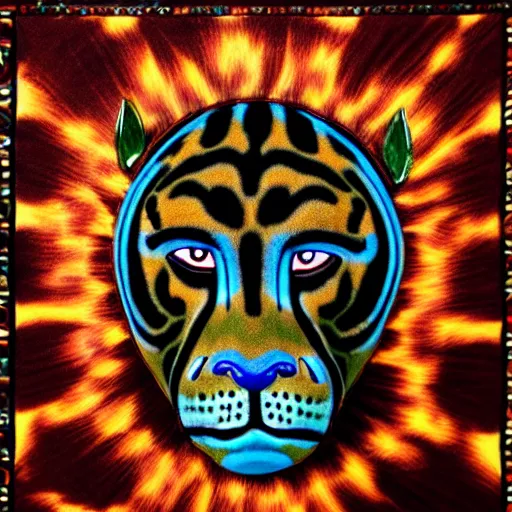 Image similar to a perfect centered mask of a shaman turning into a jaguar, 8 k,