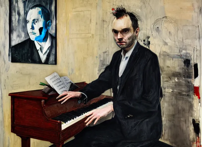 Image similar to portrait of a piano player in suit waiting, vincent lefevre and hernan bas and pat steir and hilma af klint, psychological, photorealistic, dripping paint, washy brush, rendered in octane, altermodern, masterpiece