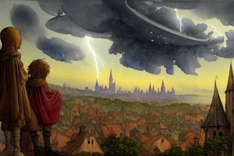 Image similar to a hyperrealist watercolor concept art of a huge ufo in the sky above a medieval city during a thunderstorm. a dirty medieval peasant child is in the foreground. very muted colors, by rebecca guay, michael kaluta, charles vess. high detail, hq, wide shot, 4 k